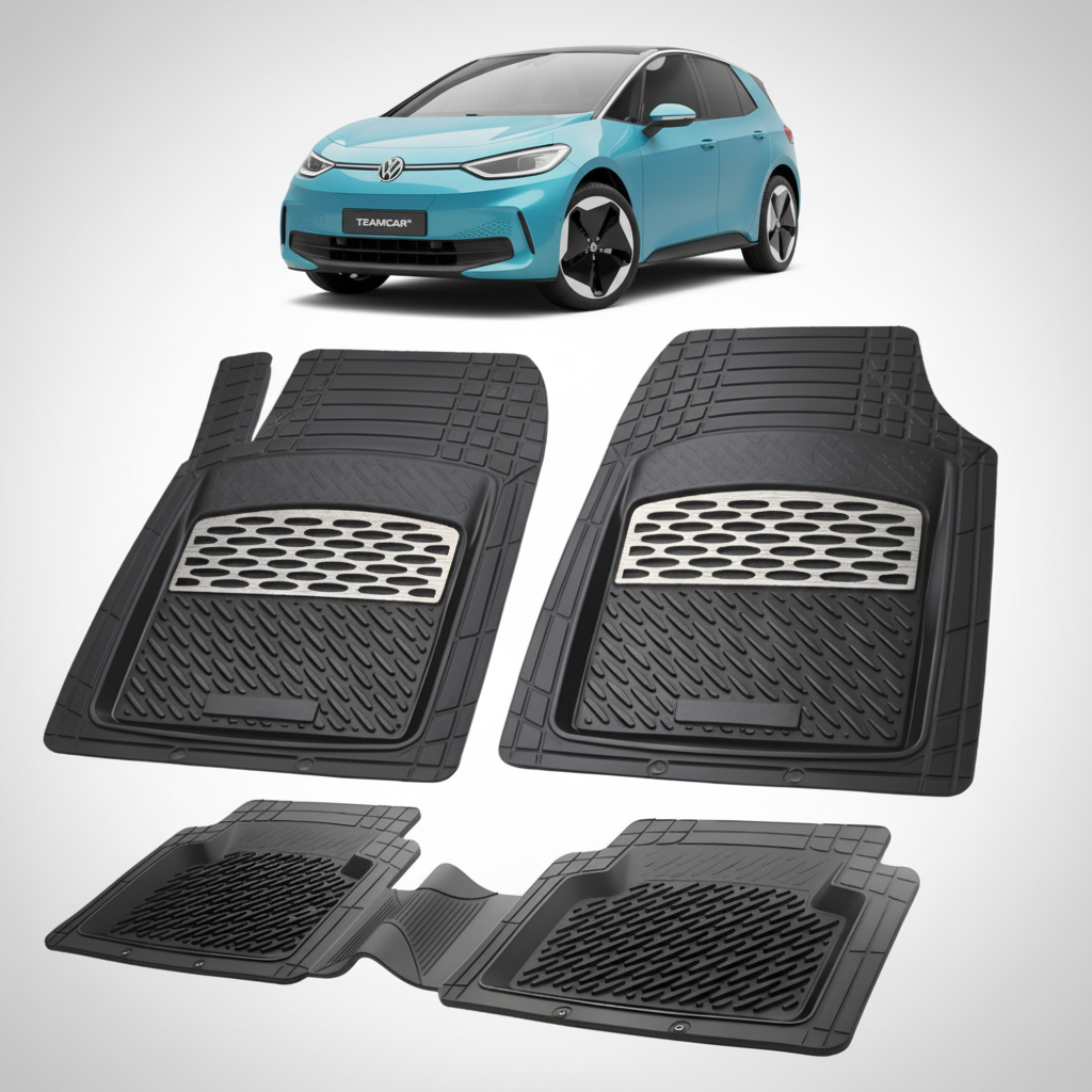 set de covorase din cauciuc negre cu accente gri cu un volkswagen  id.3 albastru in fundal