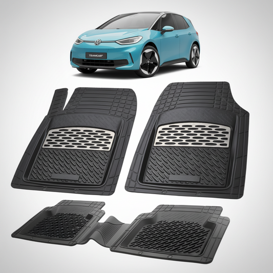 set de covorase din cauciuc negre cu accente gri cu un volkswagen  id.3 albastru in fundal