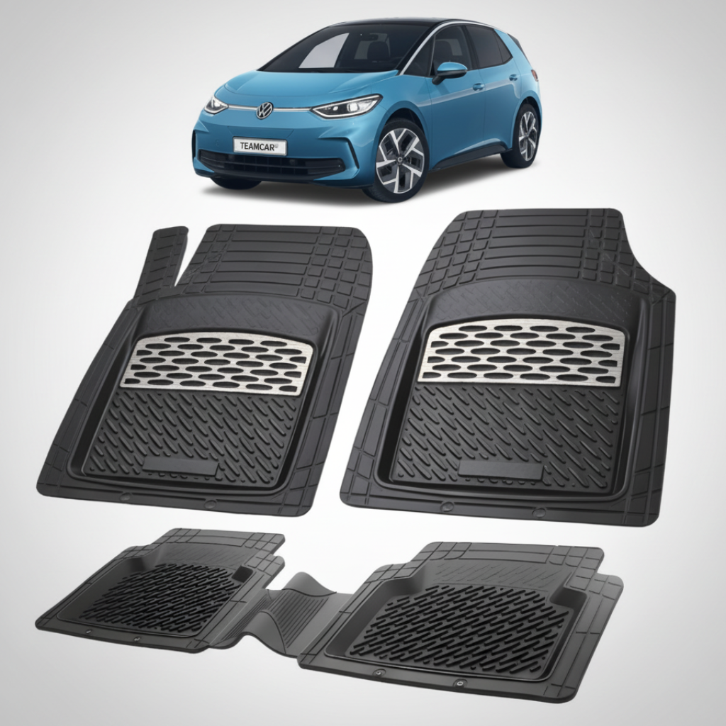 set de covorase din cauciuc negre cu accente gri cu un volkswagen id.3 albastru in fundal