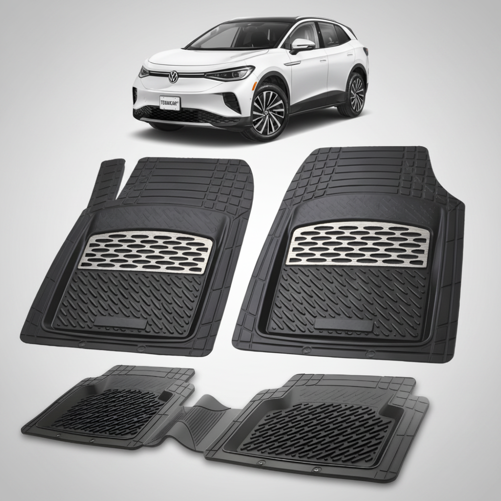 set de covorase din cauciuc negre cu accente gri cu un volkswagen id.4 e21 electric suv alb in fundal