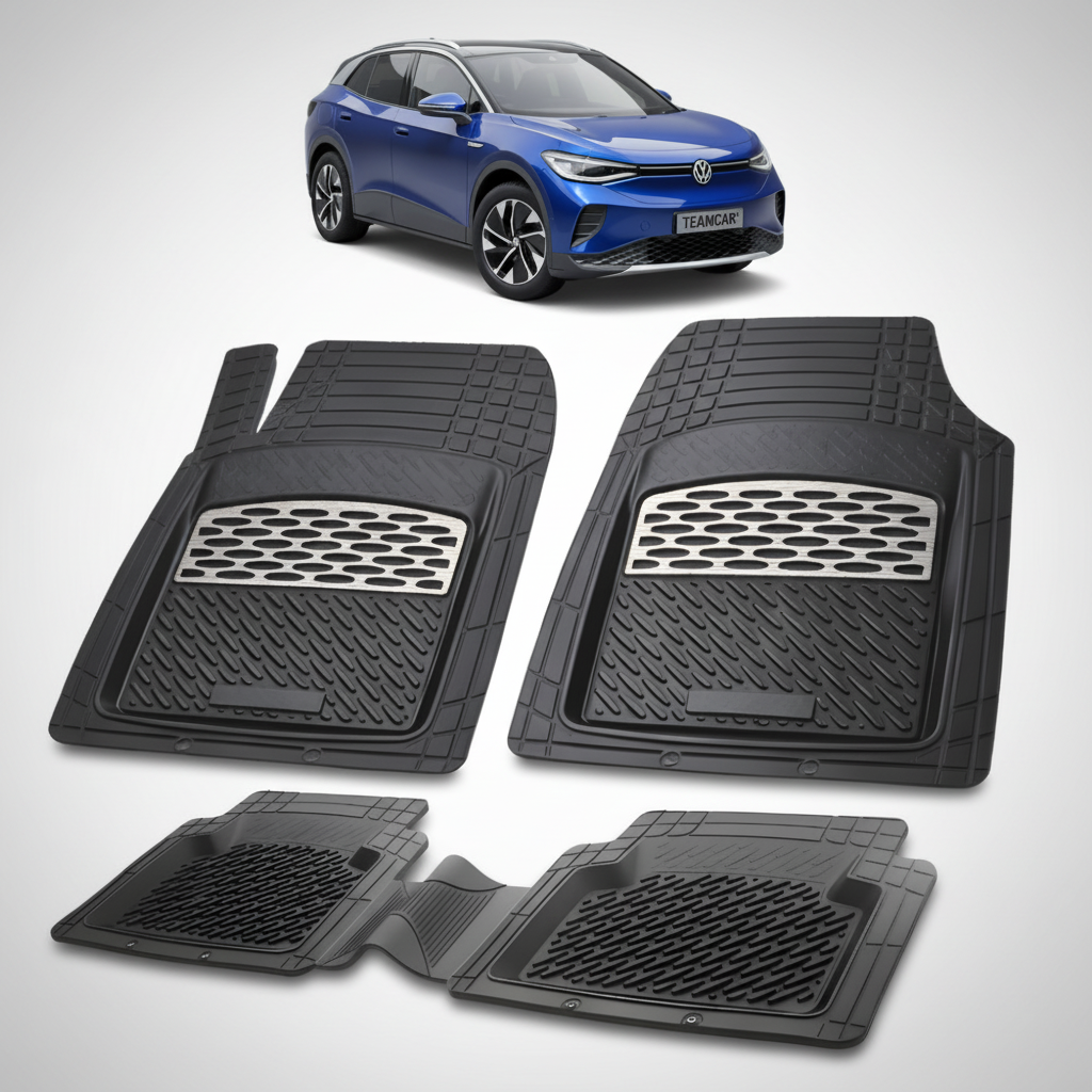 set de covorase din cauciuc negre cu accente gri cu un Volkswagen id.4 albastru in fundal