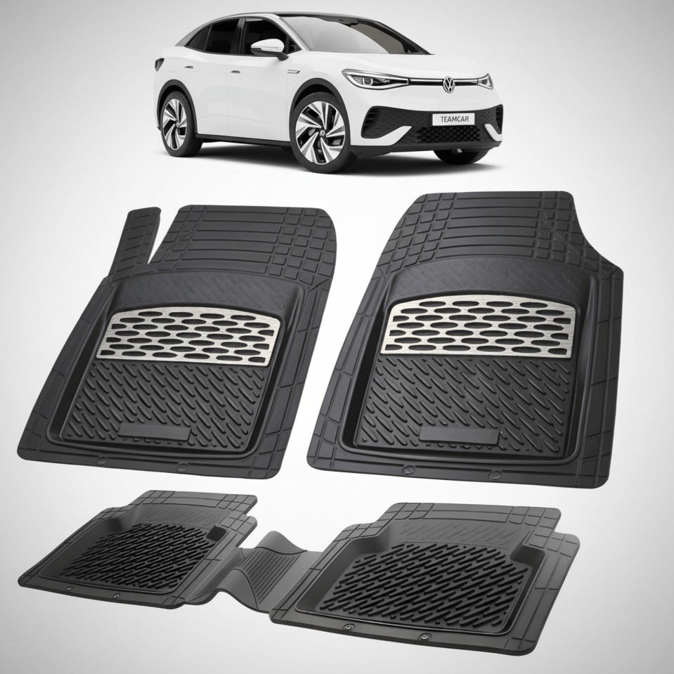 set de covorase din cauciuc negre cu accente gri cu un volkswagen id.5 e25 alb in fundal
