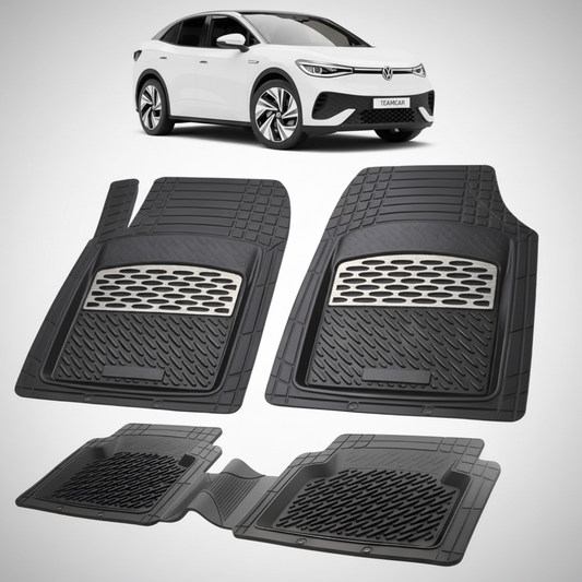 set de covorase din cauciuc negre cu accente gri cu un volkswagen id.5 e25 alb in fundal