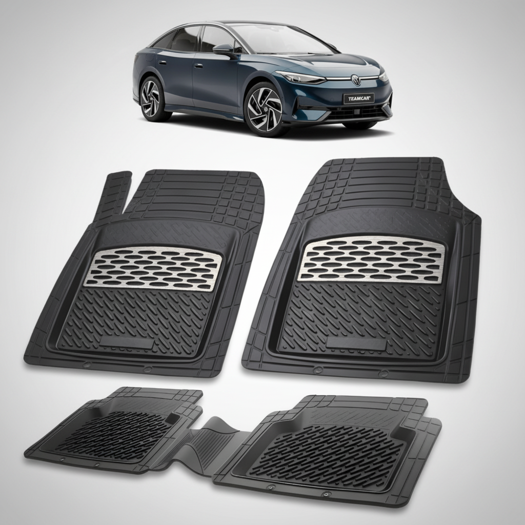 set de covorase din cauciuc negre cu accente gri cu un volkswagen id.7 e35 electric sedan combi albastru inchis in fundal