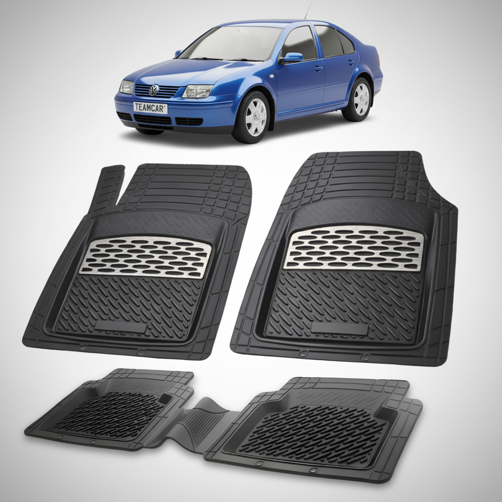 set de covorase din cauciuc negre cu accente gri cu un volkswagen  jetta 4 sedan albastru in fundal