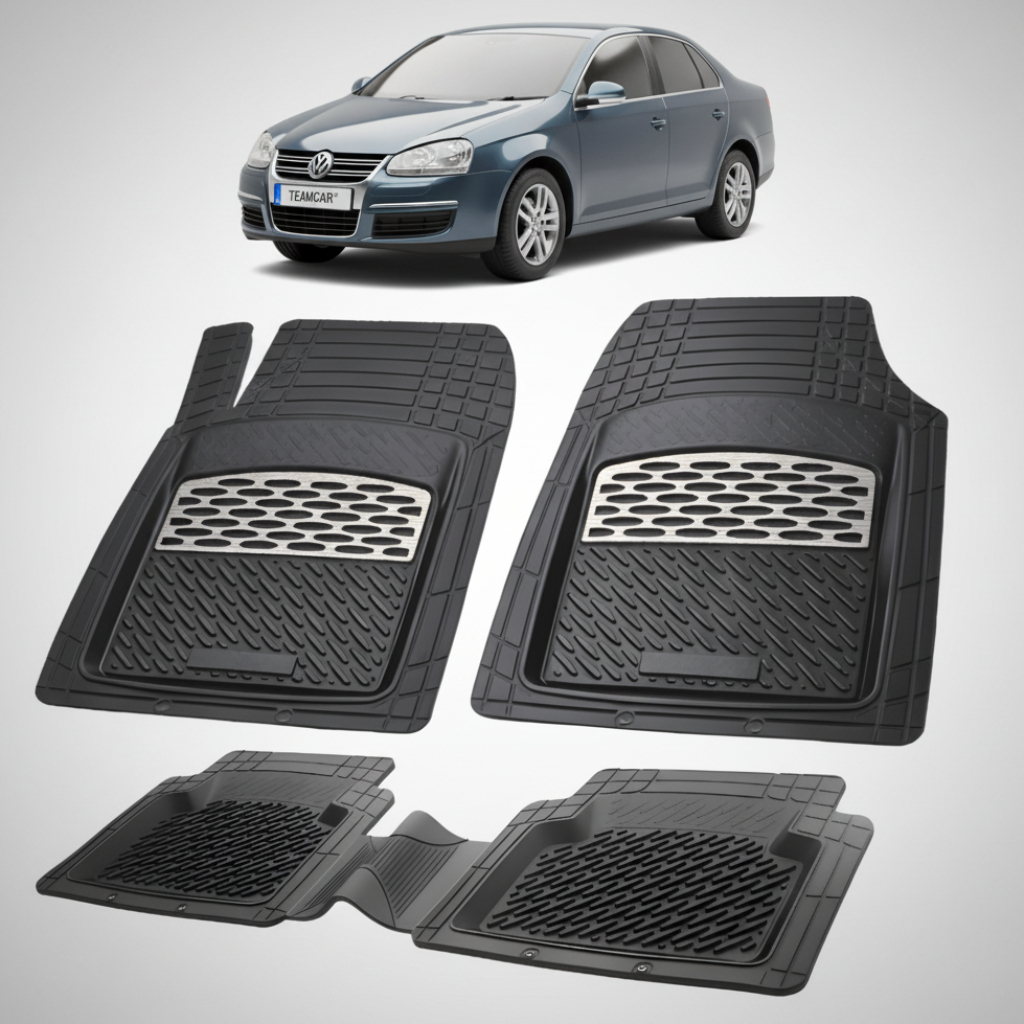 set de covorase din cauciuc negre cu accente gri cu un volkswagen  jetta 5 sedan albastru gri metalizat in fundal