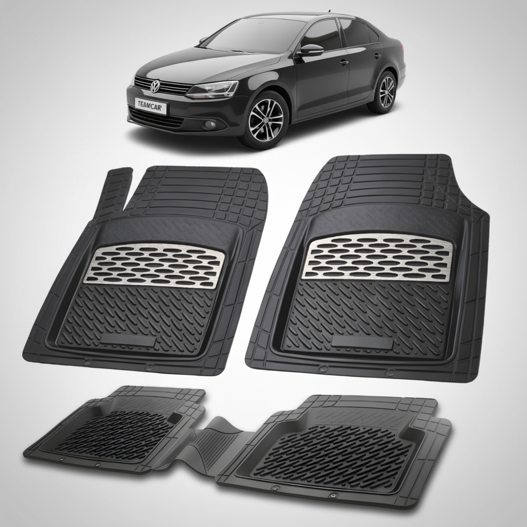 set de covorase din cauciuc negre cu accente gri cu un volkswagen  jetta 6 sedan negru in fundal