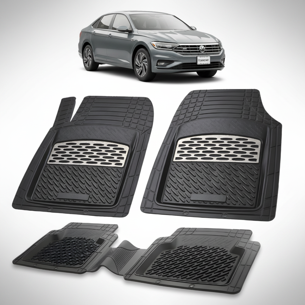 set de covorase din cauciuc negre cu accente gri cu un volkswagen  jetta 7 sedan gri inchis in fundal