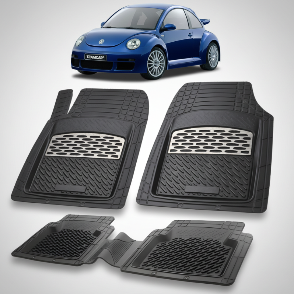 set de covorase din cauciuc negre cu accente gri cu un volkswagen new beetle albastru in fundal