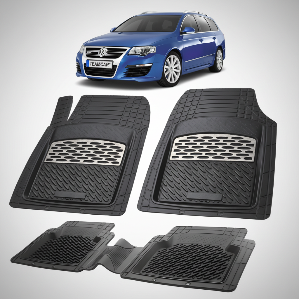 set de covorase din cauciuc negre cu accente gri cu un Volkswagen passat b5/b6 albastru in fundal
