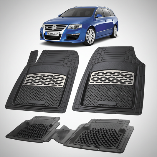 set de covorase din cauciuc negre cu accente gri cu un Volkswagen passat b5/b6 albastru in fundal