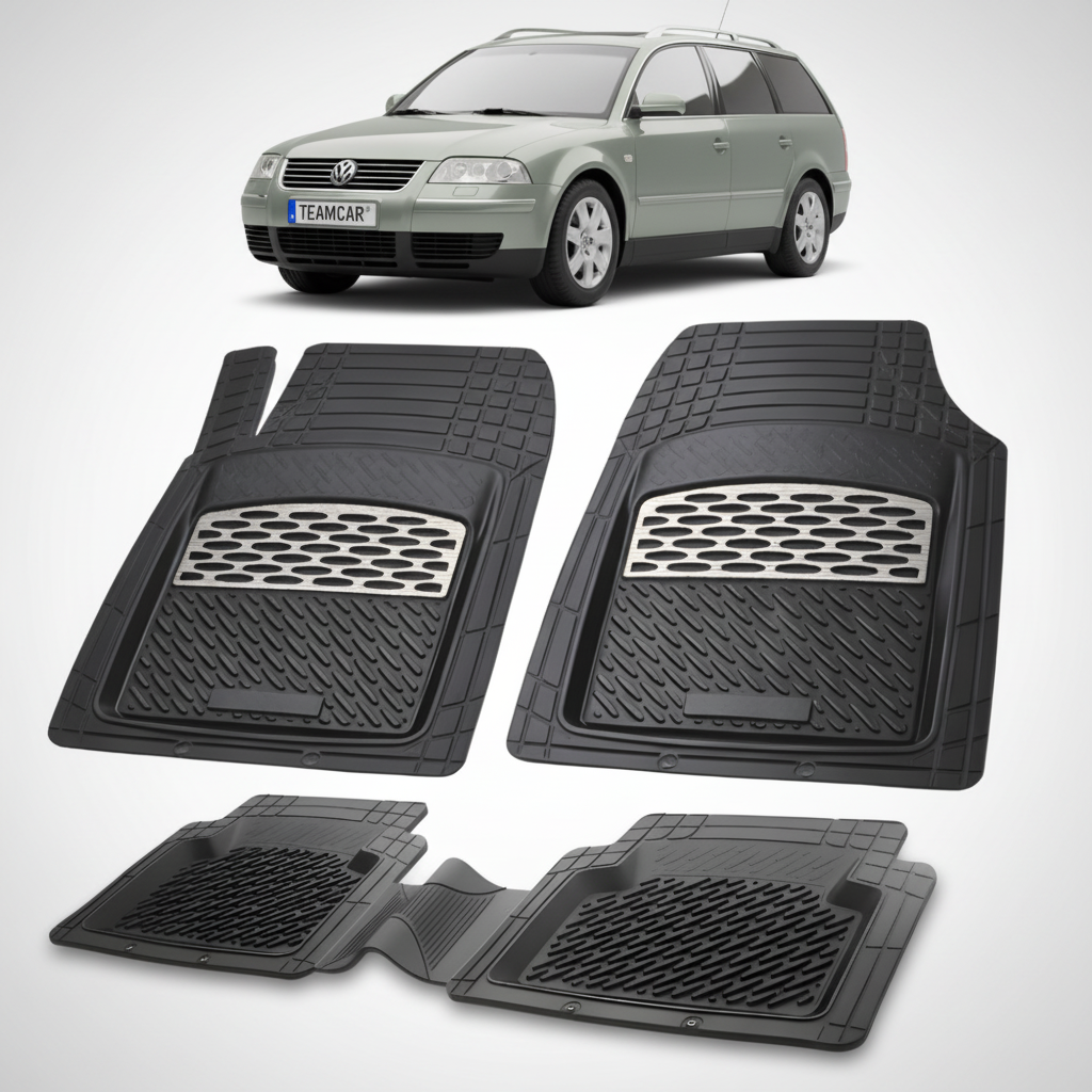 set de covorase din cauciuc negre cu accente gri cu un volkswagen  passat b5 variant gri verzui in fundal