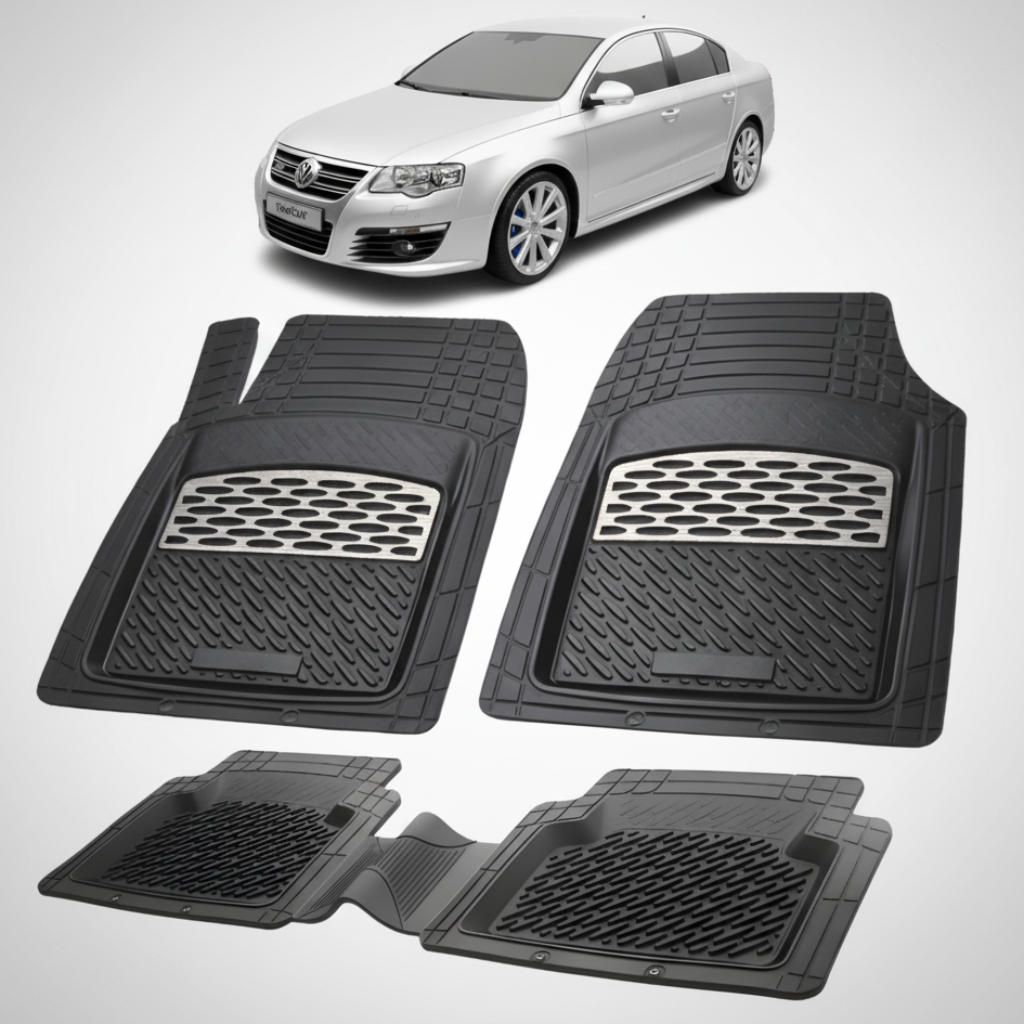 set de covorase din cauciuc negre cu accente gri cu un Volkswagen passat b6 sedan gri in fundal