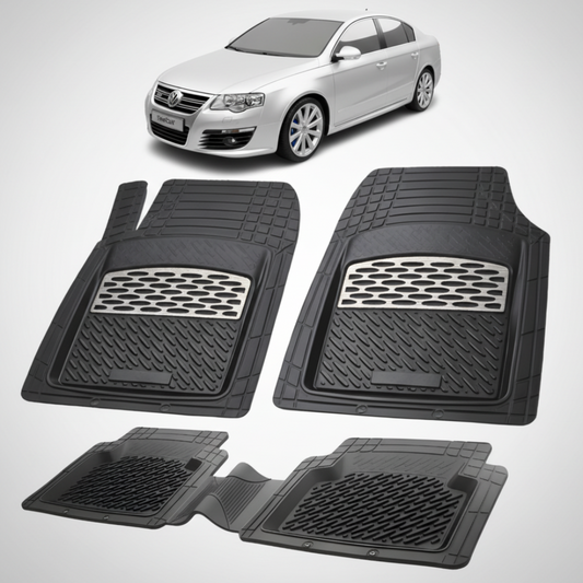 set de covorase din cauciuc negre cu accente gri cu un Volkswagen passat b6 sedan gri in fundal