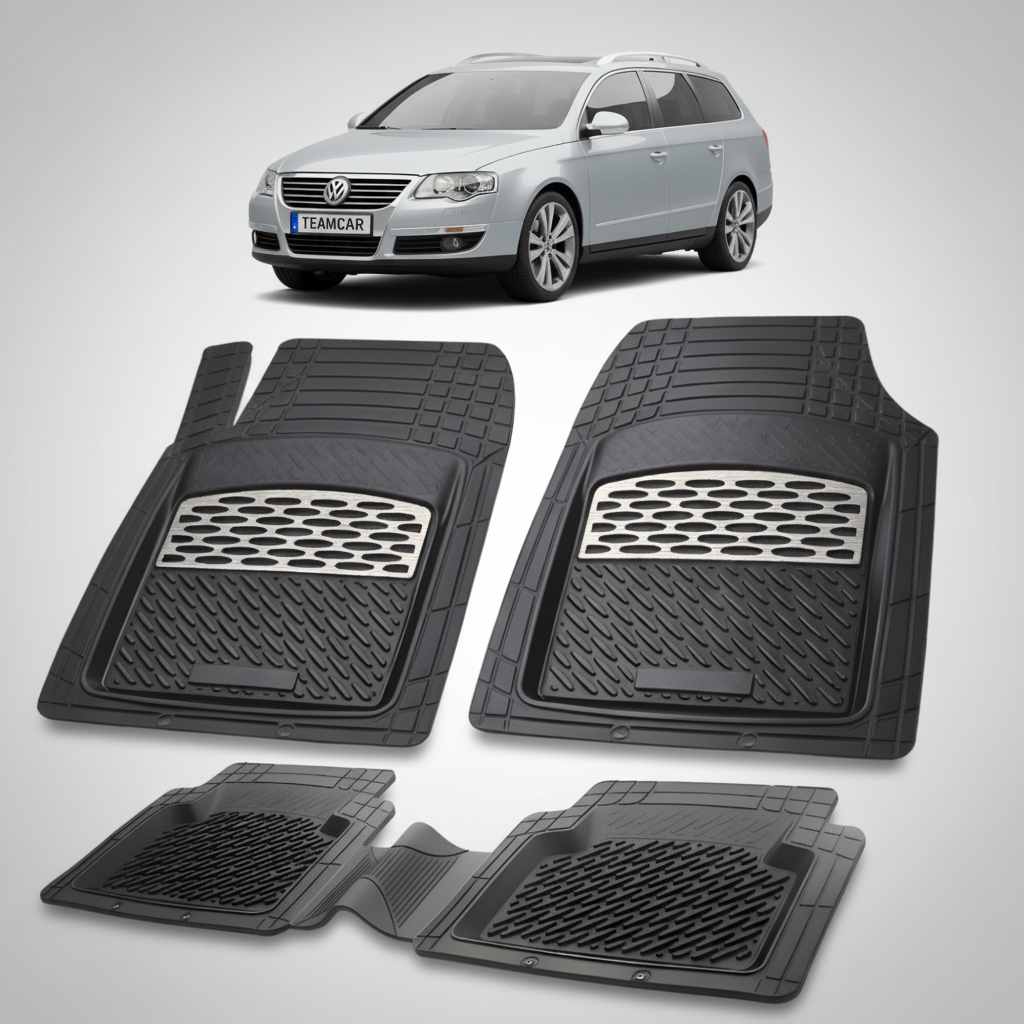 set de covorase din cauciuc negre cu accente gri cu un volkswagen  passat b6 variant gri in fundal