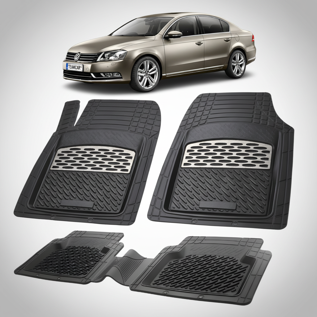 set de covorase din cauciuc negre cu accente gri cu un Volkswagen passat b7 sedan gri metalizat in fundal
