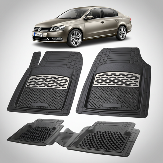 set de covorase din cauciuc negre cu accente gri cu un Volkswagen passat b7 sedan gri metalizat in fundal