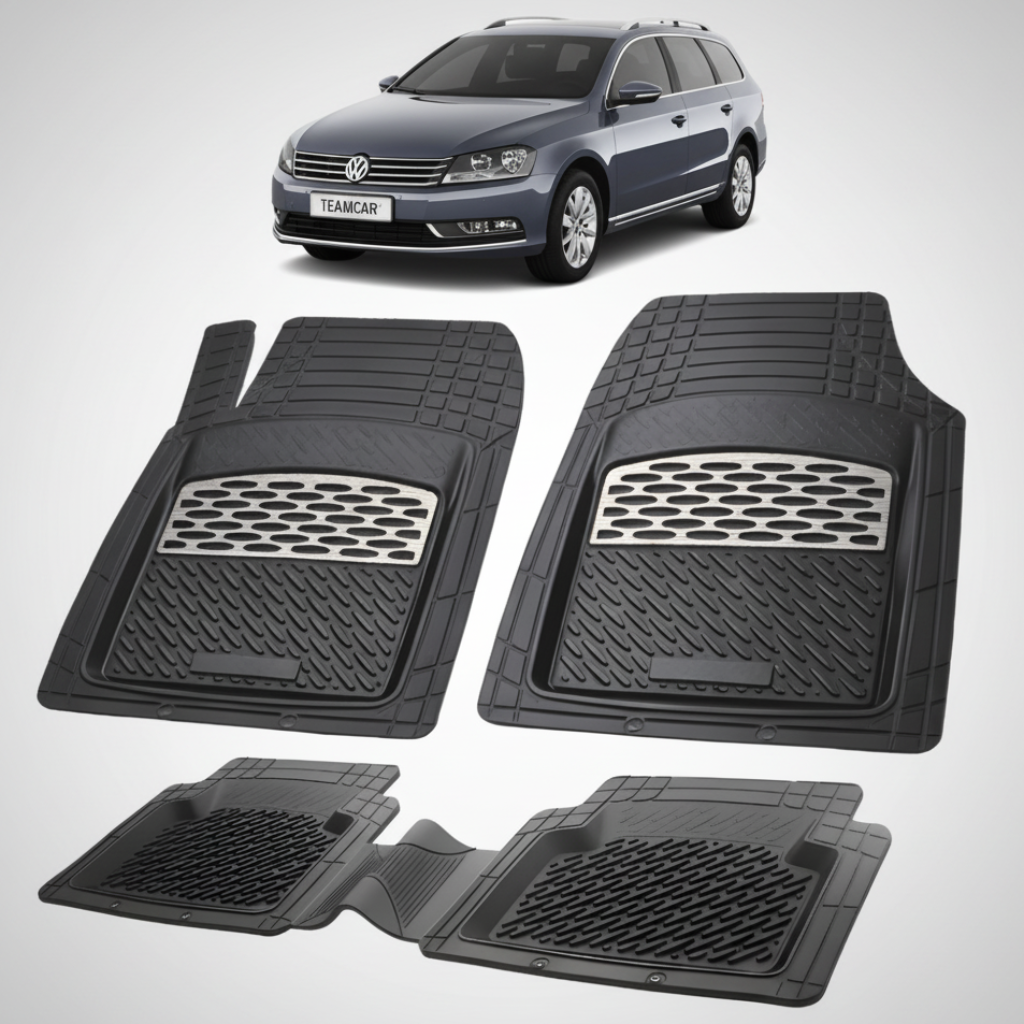 set de covorase din cauciuc negre cu accente gri cu un volkswagen passat b7 variant break gri inchis metalizat in fundal