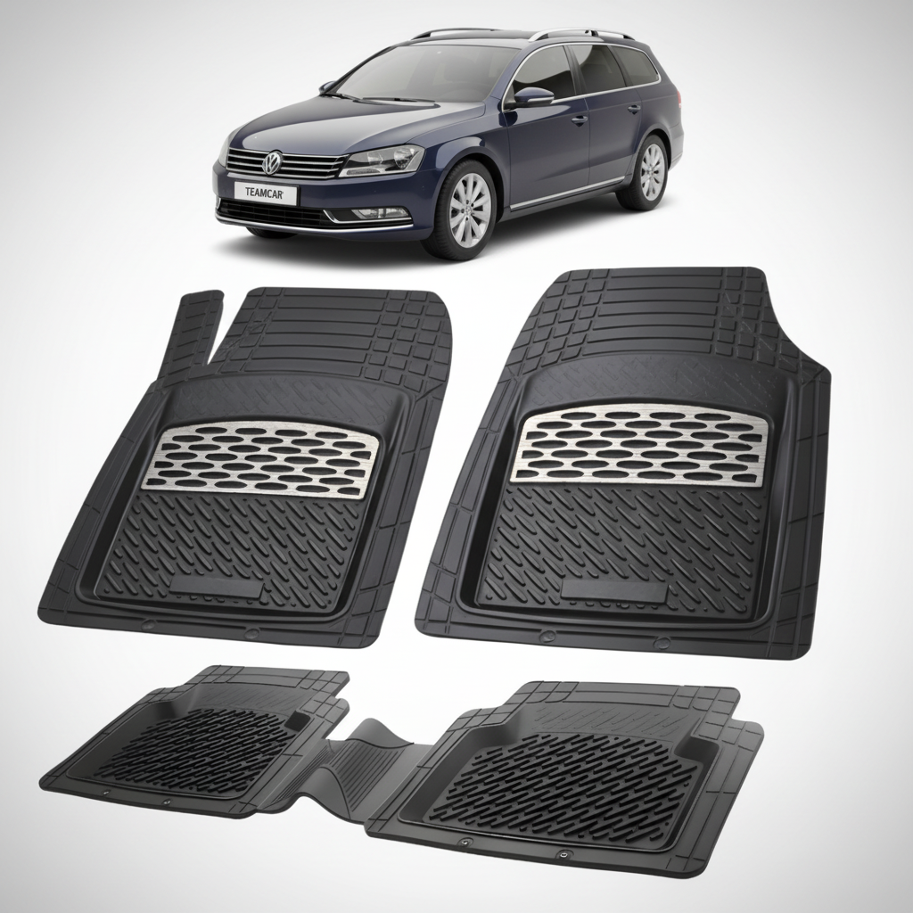 set de covorase din cauciuc negre cu accente gri cu un Volkswagen passat b7 variant albastru inchis in fundal