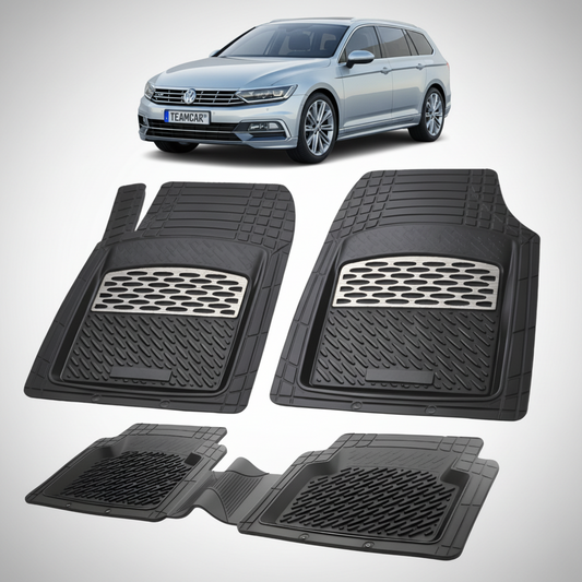 set de covorase din cauciuc negre cu accente gri cu un volkswagen  passat b8 combi gri metalizat in fundal