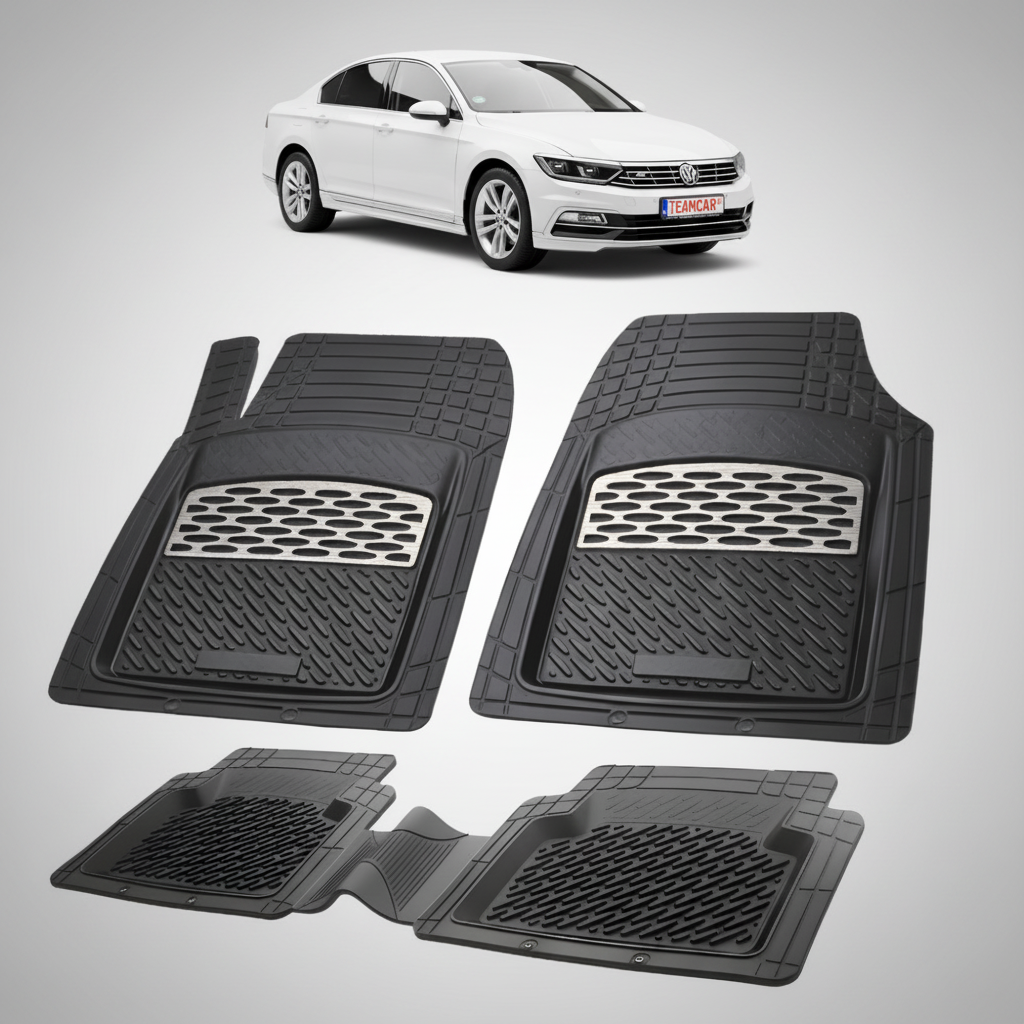set de covorase din cauciuc negre cu accente gri cu un volkswagen passat b8 sedan alb in fundal