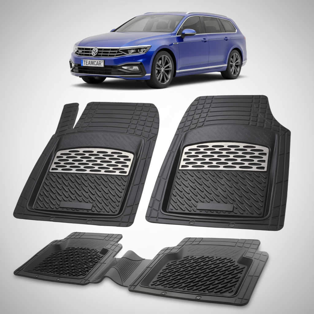 set de covorase din cauciuc negre cu accente gri cu un volkswagen passat b8 variant break albastru  in fundal
