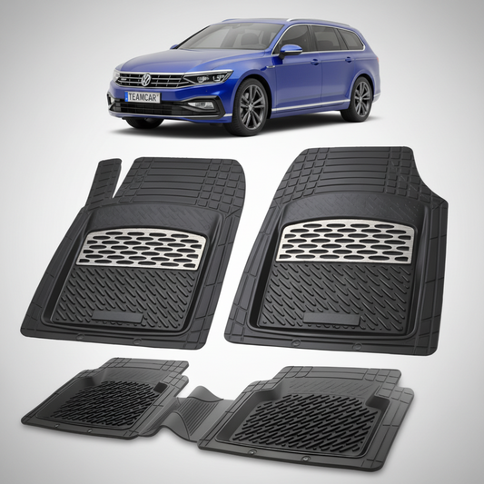 set de covorase din cauciuc negre cu accente gri cu un volkswagen passat b8 variant break albastru  in fundal