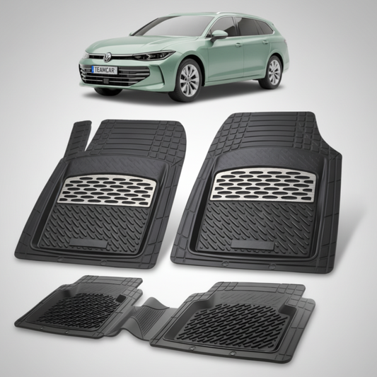 set de covorase din cauciuc negre cu accente gri cu un volkswagen passat b9 variant break verde metalizat in fundal