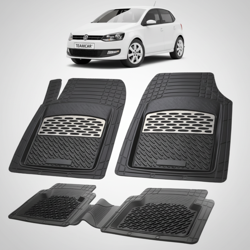 set de covorase din cauciuc negre cu accente gri cu un volkswagen polo mk5 6r 6c hatchback 5 usi alb in fundal