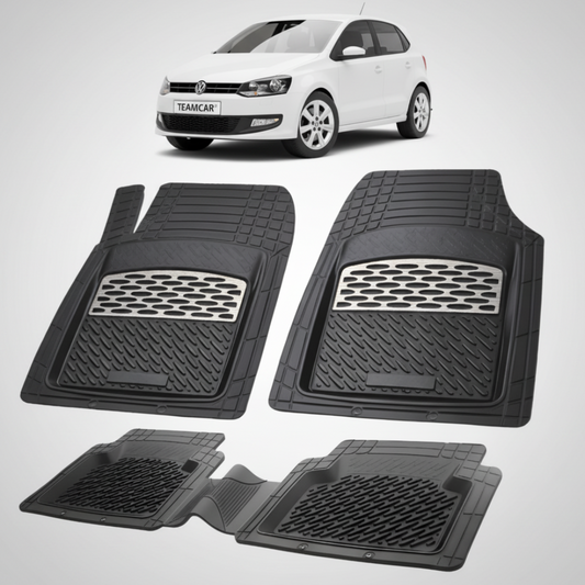 set de covorase din cauciuc negre cu accente gri cu un volkswagen polo mk5 6r 6c hatchback 5 usi alb in fundal