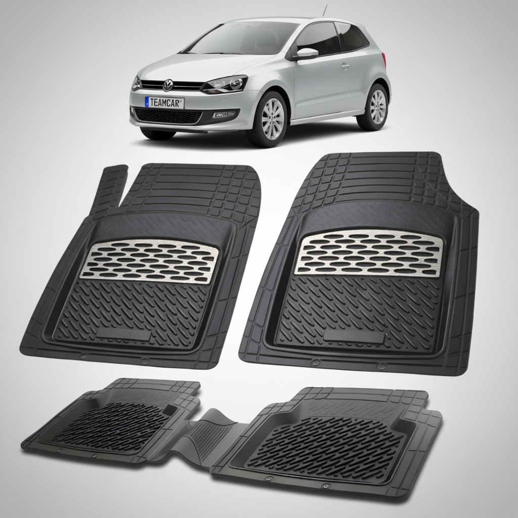 set de covorase din cauciuc negre cu accente gri cu un volkswagen  polo mk5 6r6c hatchback 3 usi argintiu in fundal
