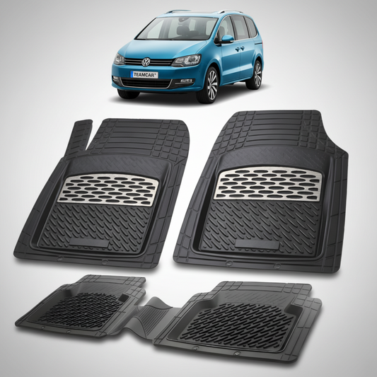 set de covorase din cauciuc negre cu accente gri cu un volkswagen sharan 7n mpv albastru in fundal