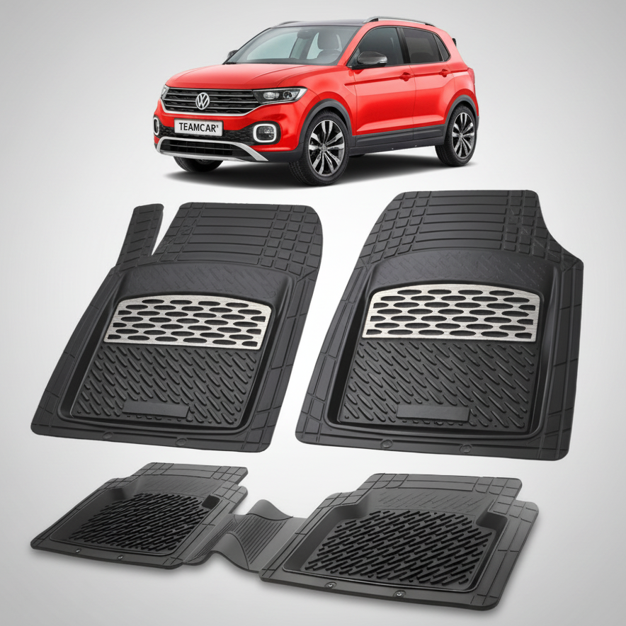 set de covorase din cauciuc negre cu accente gri cu un volkswagen t-cross c11 rosu in fundal