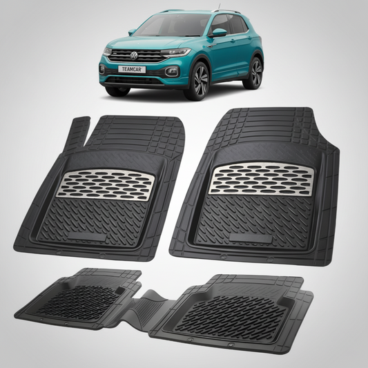 set de covorase din cauciuc negre cu accente gri cu un volkswagen  t-cross i albastru in fundal