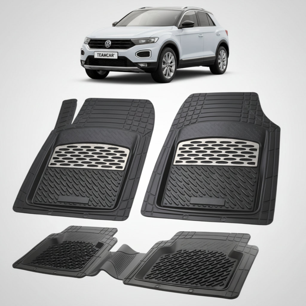 set de covorase din cauciuc negre cu accente gri cu un volkswagen  t-roc I gri in fundal