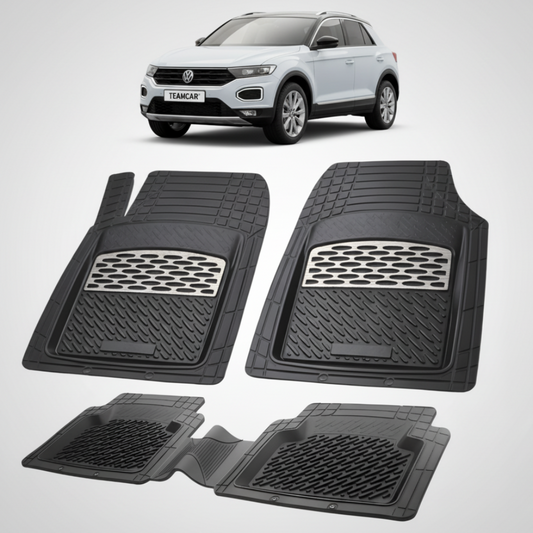 set de covorase din cauciuc negre cu accente gri cu un volkswagen  t-roc I gri in fundal
