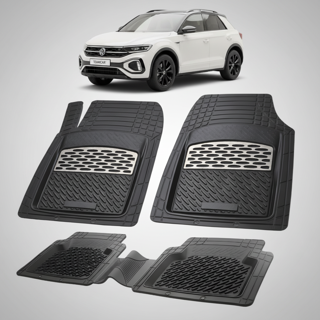 set de covorase din cauciuc negre cu accente gri cu un volkswagen t-roc alb in fundal