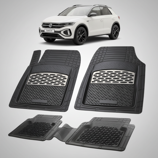 set de covorase din cauciuc negre cu accente gri cu un volkswagen t-roc alb in fundal