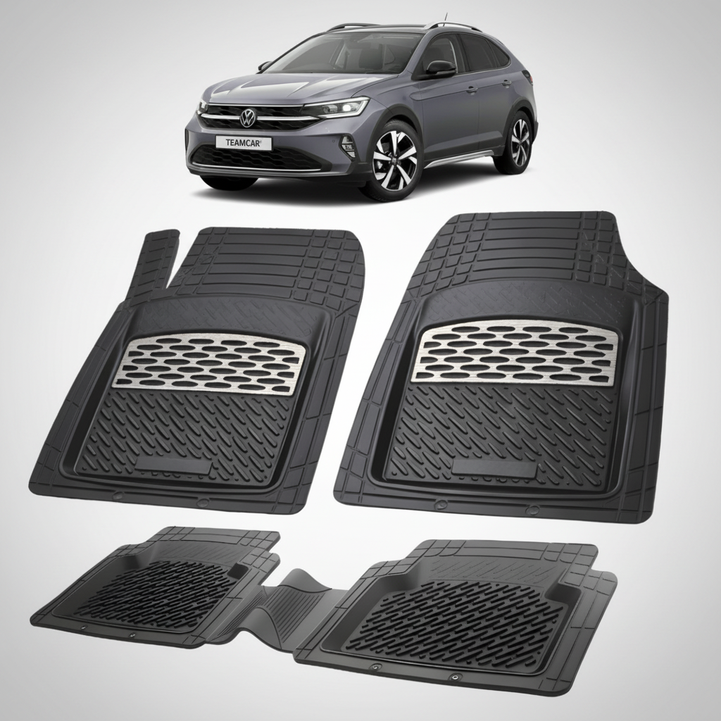 set de covorase din cauciuc negre cu accente gri cu un volkswagen taigo cs suv coupe gri inchis in fundal
