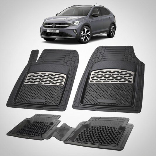 set de covorase din cauciuc negre cu accente gri cu un volkswagen taigo cs suv coupe gri inchis in fundal