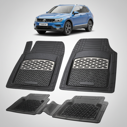 set de covorase din cauciuc negre cu accente gri cu un volkswagen  tiguan 2 albastru in fundal