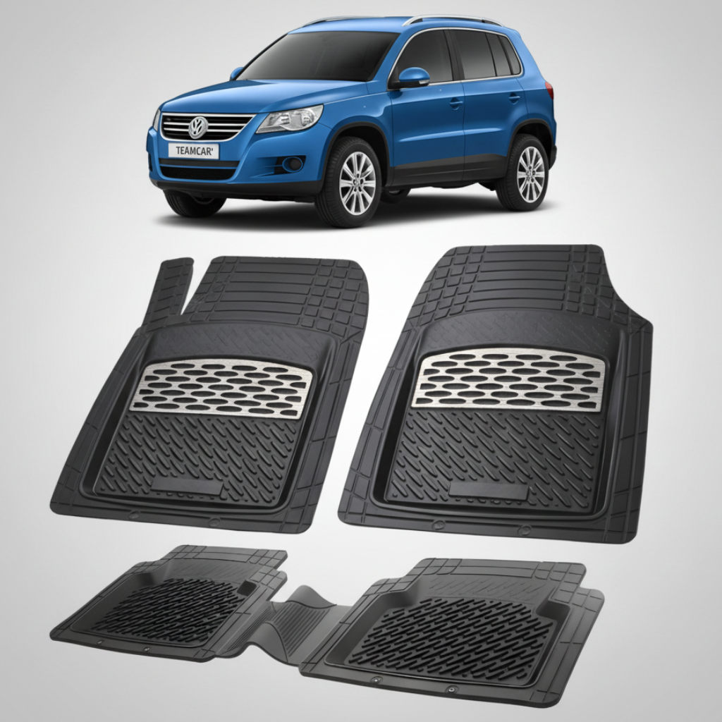 set de covorase din cauciuc negre cu accente gri cu un Volkswagen tiguan ad1 suv albastru in fundal