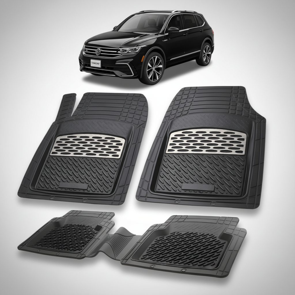 set de covorase din cauciuc negre cu accente gri cu un volkswagen tiguan bw2 negru in fundal
