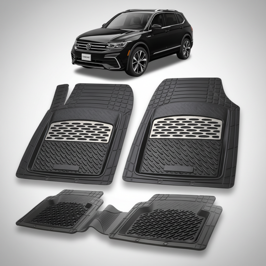 set de covorase din cauciuc negre cu accente gri cu un volkswagen tiguan bw2 negru in fundal