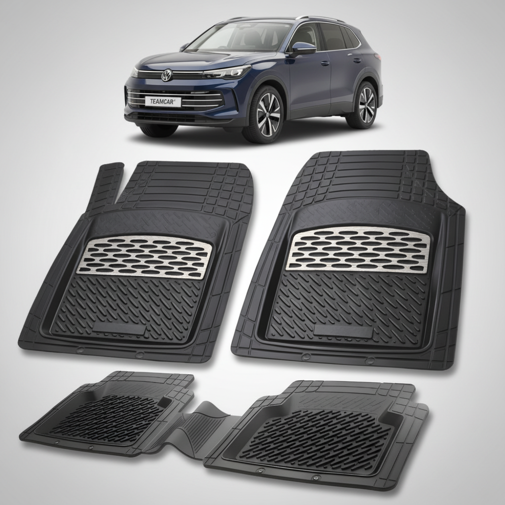 set de covorase din cauciuc negre cu accente gri cu un volkswagen tiguan bw3 suv albastru inchis in fundal