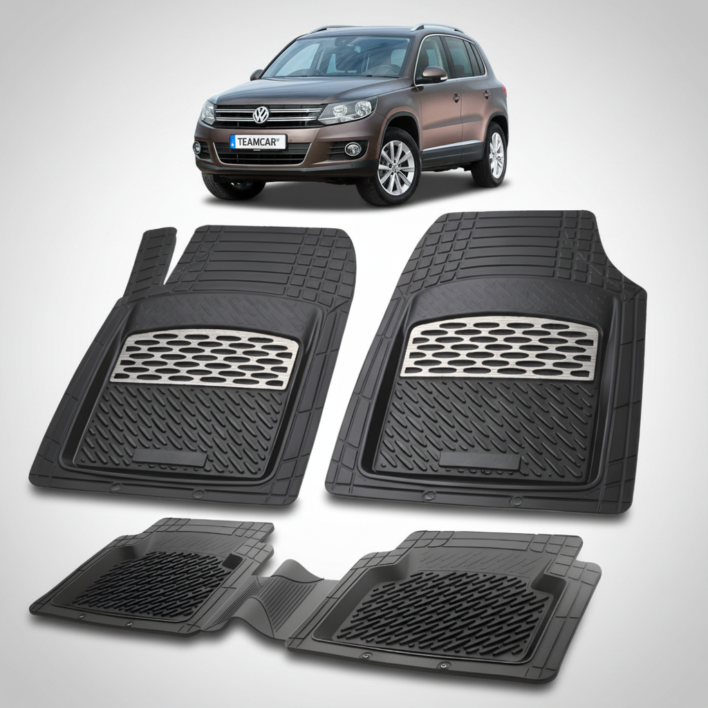 set de covorase din cauciuc negre cu un Volkswagen tiguan I suv maro inchis in fundal