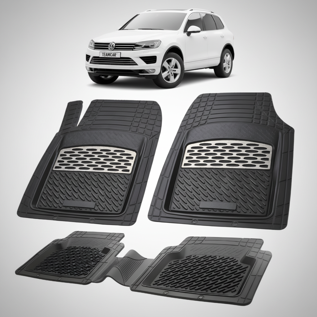 set de covorase din cauciuc negre cu accente gri cu un volkswagen  touareg 2 alb in fundal
