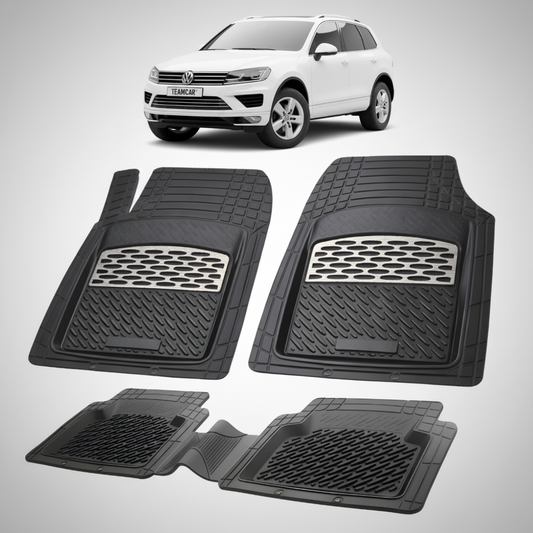 set de covorase din cauciuc negre cu accente gri cu un volkswagen  touareg 2 alb in fundal