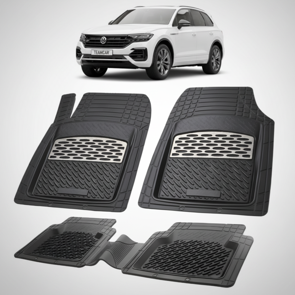 set de covorase din cauciuc negre cu accente gri cu un volkswagen  touareg 3 alb in fundal