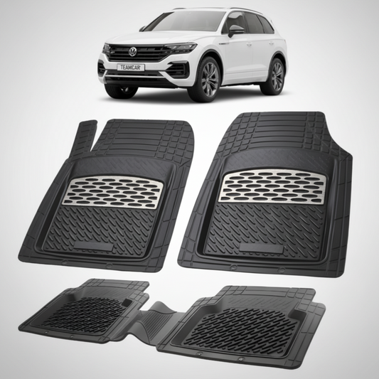 set de covorase din cauciuc negre cu accente gri cu un volkswagen  touareg 3 alb in fundal